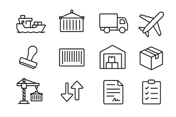 Import Export Icons. Outline icon set of import and export: cargo ship, container, truck, airplane, customs