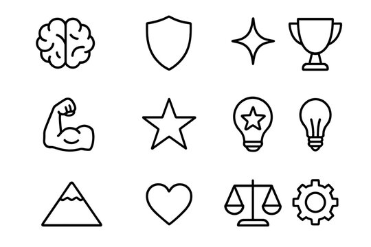 Mental Strength Icons. Outline icon set of mental strength: brain icon, shield, spark, strong arm, star,
