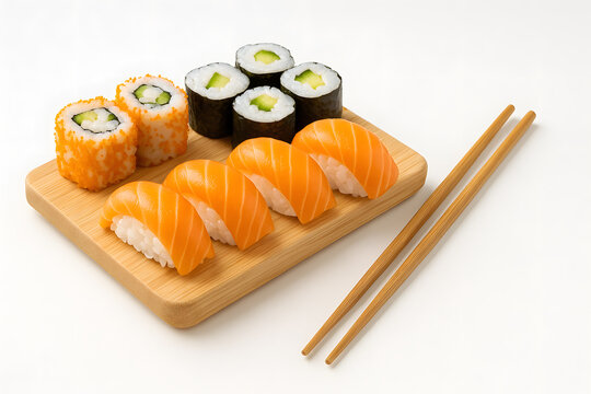 Assorted sushi set with nigiri and rolls on wooden tray