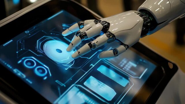 Futuristic robot interacts with advanced touchscreen technology in a modern environment, Futuristic Robot Accessing Touchscreen Technology