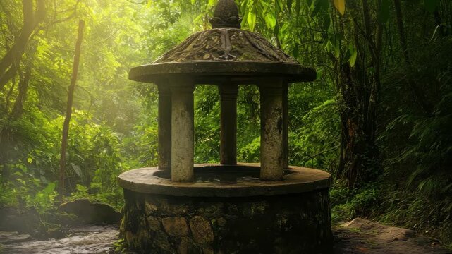 Old stone wishing well surrounded by lush greenery in a serene forest location, An old stone wishing well in the middle of a beautiful lush forest