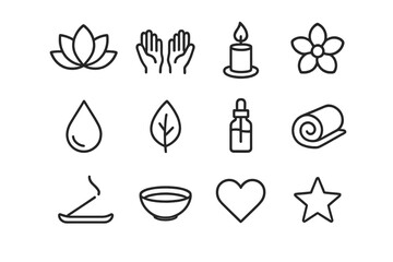 Holistic Healing Icons. Outline icon set of holistic healing: lotus icon, therapist hands, candle, flower,