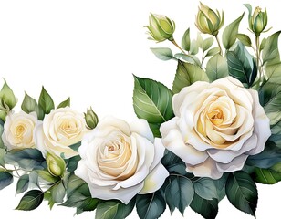 Fototapeta premium Cream roses and leaves in a corner arrangement