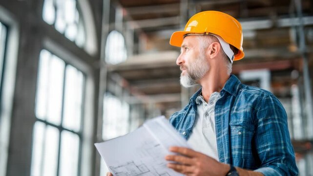 Confident project manager oversees construction site with architectural plans in hand