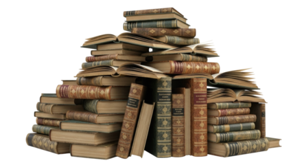 Large Stack of Old Books, transparent background, cutout PNG