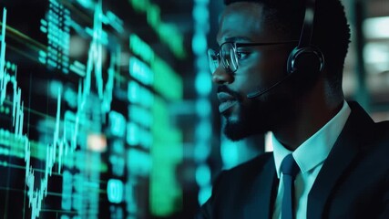 Financial data processing on an African American professional during market analysis in an office setting, financial data processing over african american businessman in office - Powered by Adobe