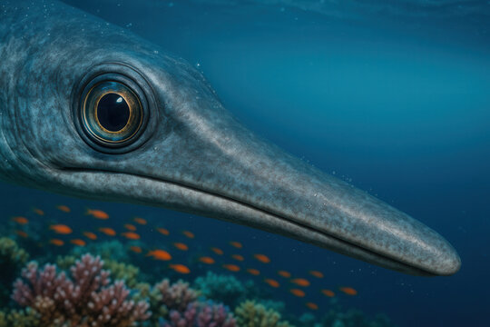 Ichthyosaur With Elongated Rostrum Over Vibrant Reef