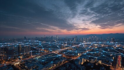 Fototapeta premium Cityscape at Night with Blue and Orange Lights at Dusk High Angle View with Buildings and Cloudy Sky Panorama in the Distance Twilight Ambiance