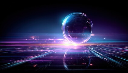 Fototapeta premium A vibrant, futuristic scene showcases a luminous sphere amidst a network of glowing, streaked lines, bathed in dynamic hues of blue and purple.