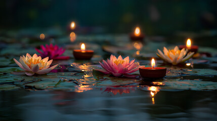 Floating lotus flowers and candles illuminate a serene pond at dusk
