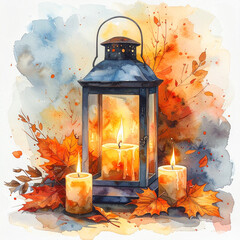 Lantern and glowing candles rest among orange autumn leaves. Watercolor vibrant fall colors, cozy feelings and warmth in a calm seasonal setting.