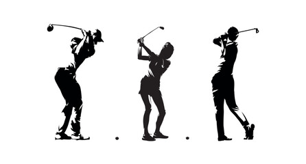 Golf, group of men and women playing golf, set of isolated vector silhouettes