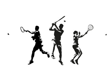 Tennis, group of men and women playing tennis, isolated vector silhouettes
