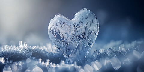 Delicate frosted heart shape resting on icy ground with soft bokeh background