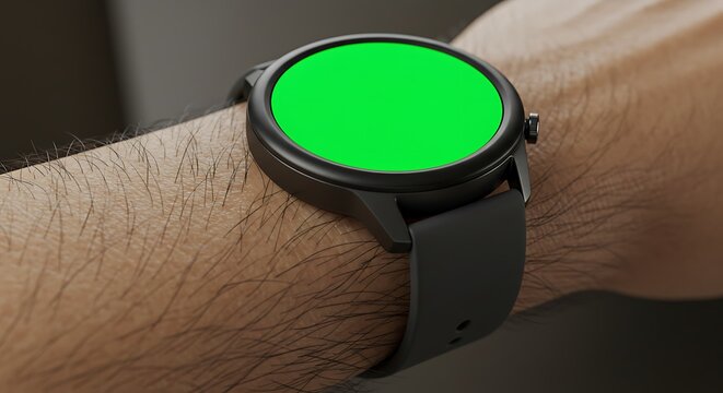 Smartwatch on a wrist with blank green screen for custom display, modern tech and wearable device