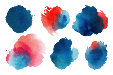 Abstract cerulean pacific red color watercolor paint shapes isolated on transparent background PNG. Graphic resource, vibrant cold colors, art, artistic expression painting texture