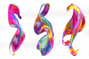 Abstract neon ink flow brush shape transparent PNG set bundle isolated background. Vibrant, vivid, colorful art shapes, bright pink, yellow, green swirl texture design