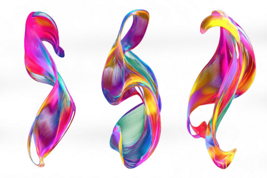 Abstract neon ink flow brush shape transparent PNG set bundle isolated background. Vibrant, vivid, colorful art shapes, bright pink, yellow, green swirl texture design