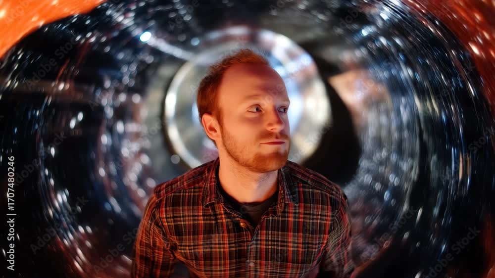 Aufkleber exploring an abstract sci-fi tunnel with vibrant colors and swirling lights, flying in an abstract s