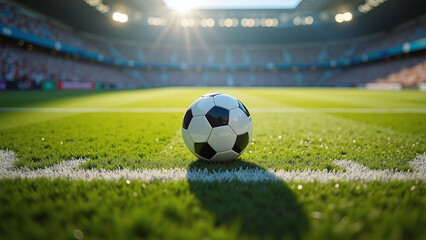 Naklejka premium Soccer ball rests on boundary line in sunlit stadium. 