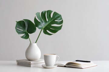 A minimal desk setup with a single large monstera leaf in a vase. An employee sipping coffee while checking their schedule. The mood feels calm.