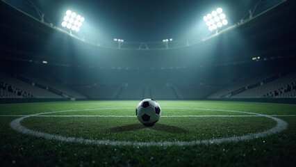 Fototapeta premium Soccer ball waits on center circle in spotlighted empty stadium. 
