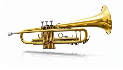Naklejka premium Brass trumpet with golden body, silver mouthpiece, flared bell, and three piston valves, placed against a white background. A classic and elegant composition ideal for music-themed branding, editorial