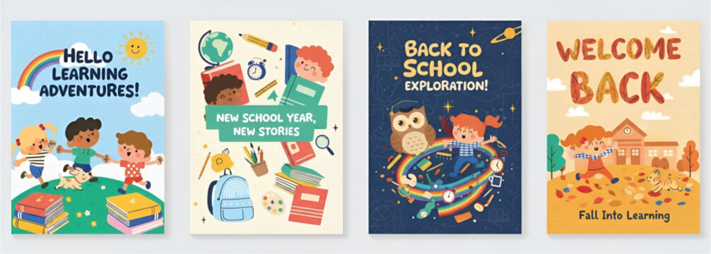 Delightful vector illustrations capturing the essence of diverse children's back-to-school journey, fostering joy, learning, and exciting academic adventures