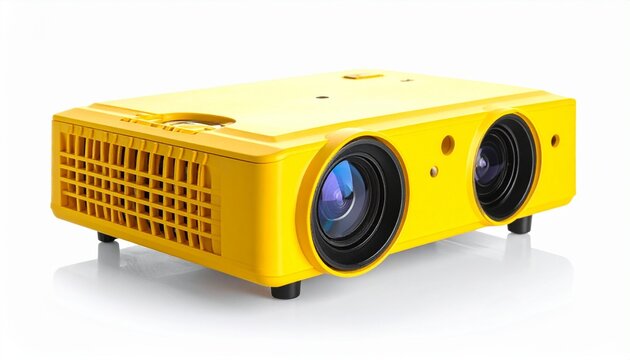 Yellow projector with dual lens configuration, ventilation grilles, and a sleek rectangular body. A modern and functional design ideal for tech product branding, home theater visuals, and editorial st
