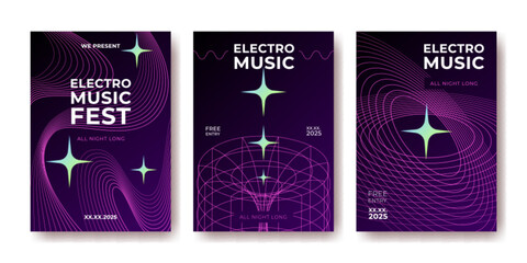 Dark backgrounds with electro wave patterns, glowing music stars and flowing sound lines for festival designs. Neon grid gradient wireframe elements for nightclub events or electronic party promotion