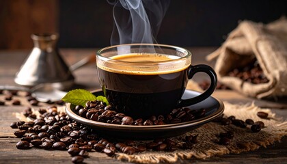 Closeup of a hot cup of brown coffee beans with rich aroma on a dark background