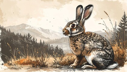 Rabbit in a mountain landscape.  Detailed digital artwork