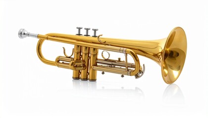 Obraz premium Brass trumpet with golden body, silver mouthpiece, flared bell, and three piston valves, placed against a white background. A classic and elegant composition ideal for music-themed branding, editorial