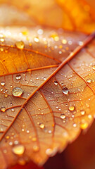 Autumn leaf, macro, orange, water drops. Detailed texture and veins, bright golden color, glistening dew on surface. Fresh seasonal nature background, vibrant fall mood, close-up foliage.