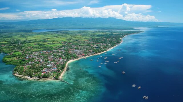 Vibrant aerial view of Olango Island showcasing lush landscapes and clear waters, Aerial shot of the small Olango Island just off the coast of Cebu City Philippines