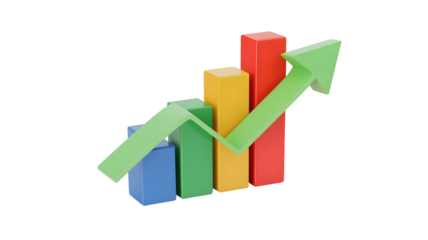 Vibrant growth chart showing positive business trend and upward economic success with rising arrow on transparent background