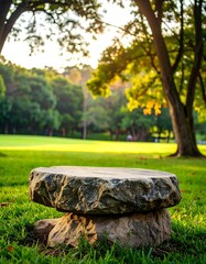 Park scene, stone table in grass, sunlight