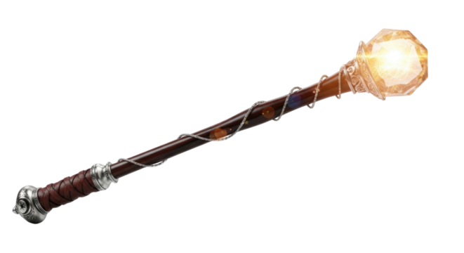Fantasy Staff with Glowing Crystal, transparent background, cutout PNG