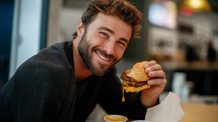 Bearded man leaning slightly forward, burger raised, sauce dripping, joyful expression captured in wide shot.