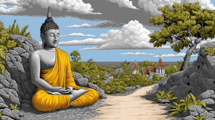 Meditative buddha statue thailand digital art serene landscape wide angle cultural reflection