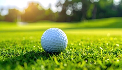 Obraz premium Golf Ball Resting on Bright Green Grass in Golden Hour Sunlight with Soft Bokeh and Lush Greenery at a Golf Course
