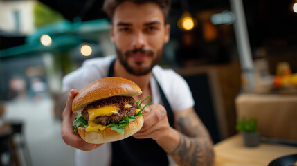 Bearded foodie with tattooed arm holding burger proudly after big bite, wide composition with empty margin.