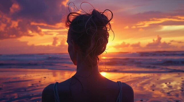 Silhouette portrait of a woman with messy bun on a beach at sunset, vibrant orange and purple sky, dramatic clouds, golden light highlighting hair edges, serene and striking.
