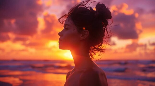 Silhouette portrait of a woman with messy bun on a beach at sunset, vibrant orange and purple sky, dramatic clouds, golden light highlighting hair edges, serene and striking.
