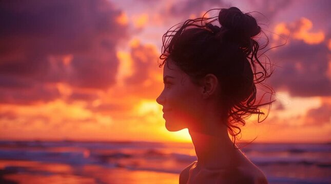Silhouette portrait of a woman with messy bun on a beach at sunset, vibrant orange and purple sky, dramatic clouds, golden light highlighting hair edges, serene and striking.
