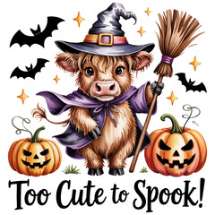 Fototapeta premium Happy Cow with Witch Broom - Cute Halloween Cow Clipart, Pumpkin With Baby Cow t shirt, Spooky Ghost Highland Cow tshirt design 