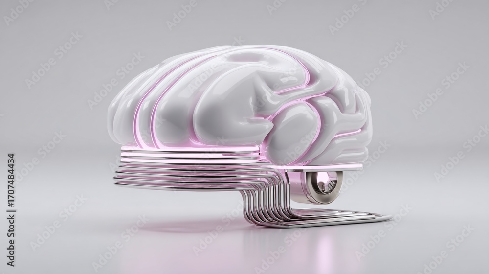 Poster minimalist futuristic ai brain circuit glowing with neon lines on white background, clean compositio