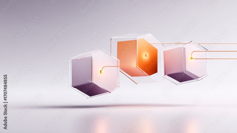 Poster 3d abstract blockchain cubes connected with glowing lines, pastel gradient background, minimal copys