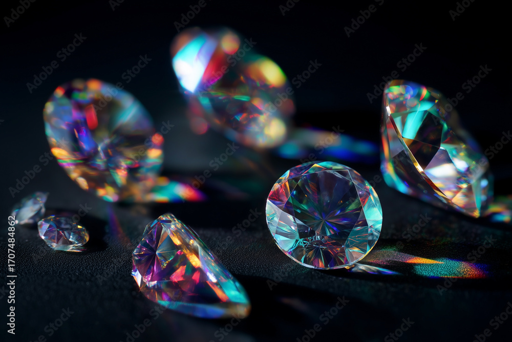 Poster gems sparkle with vivid, refracting light, creating a mesmerizing display of colors, against a dark 