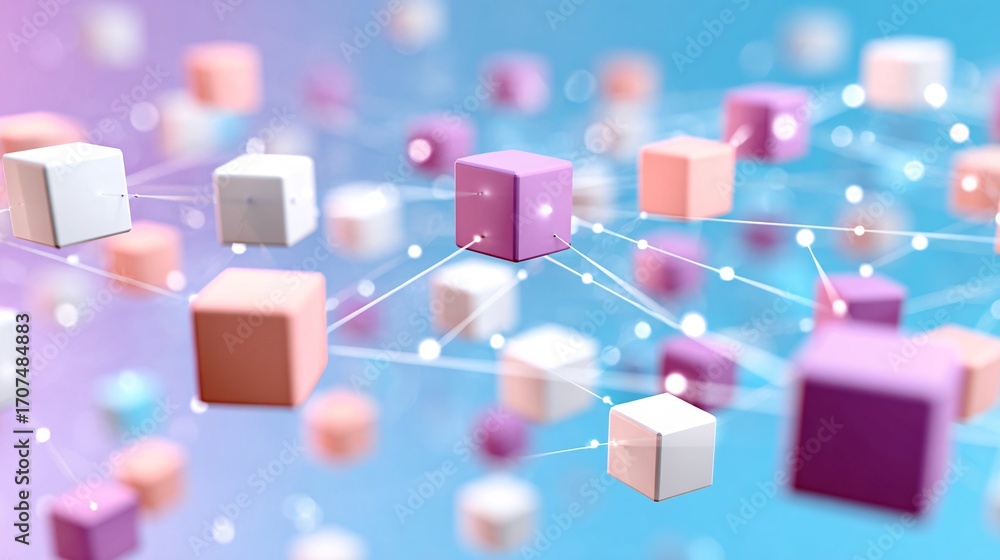Poster 3d abstract blockchain cubes connected with glowing lines, pastel gradient background, minimal copys